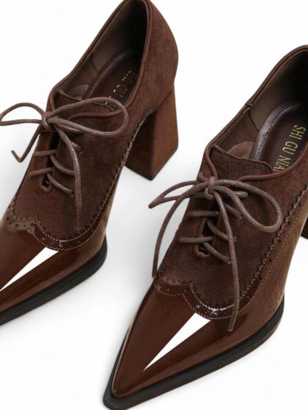 NIB EURO |SZ 40 US 8| Vintage Brown Leather Chunky Oxford Pointed Toe Heel Shoes - Picture 2 of 6